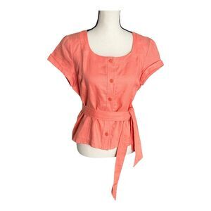 Jones New York Signature 100% Linen Blouse Womens M Pink‎ Salmon Sleeves Pocket